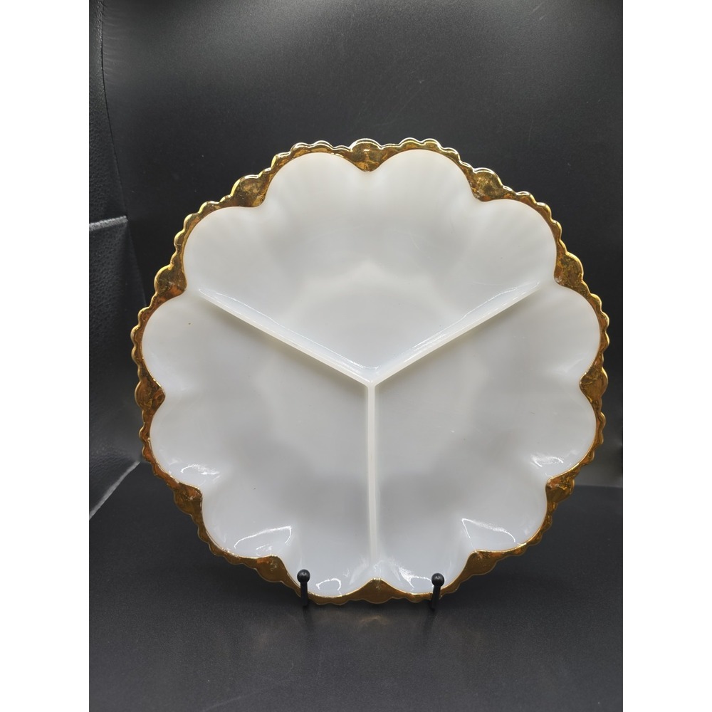 Vintage Anchor Hocking Fire King Milk Glass Divided Serving Dish Gold Trim 10"